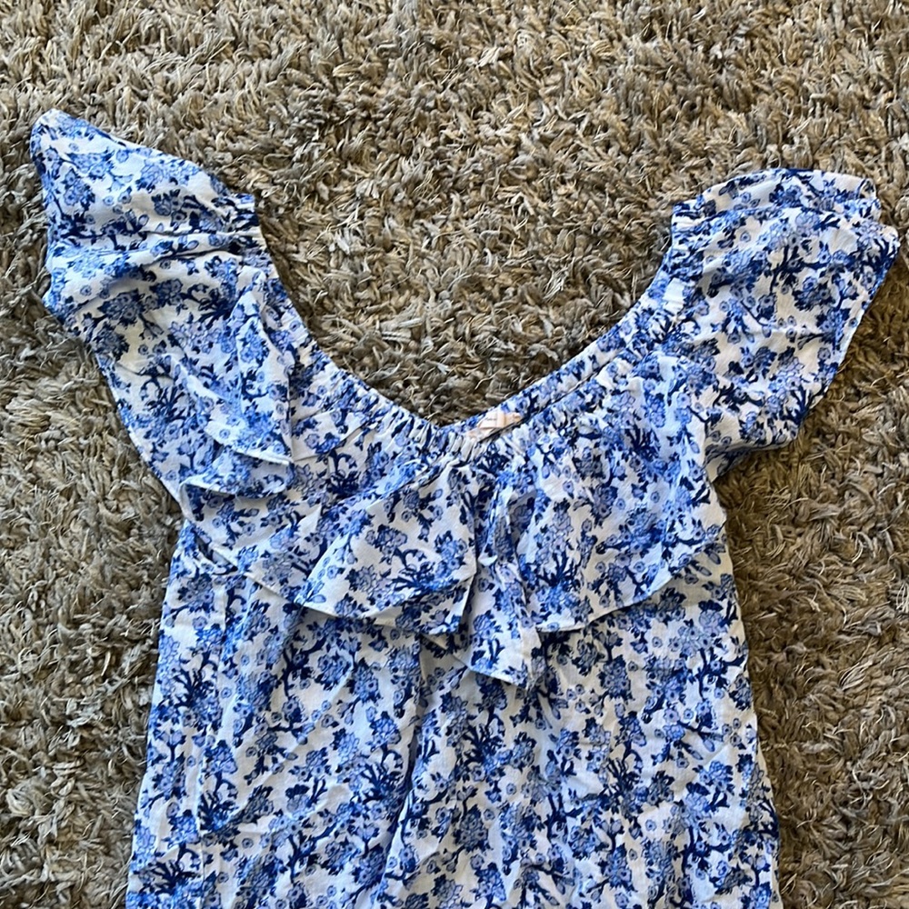 REBECCA TAYLOR Aimee Off Shoulder Blue & White Cotton Floral Top - Picture 5 of 13